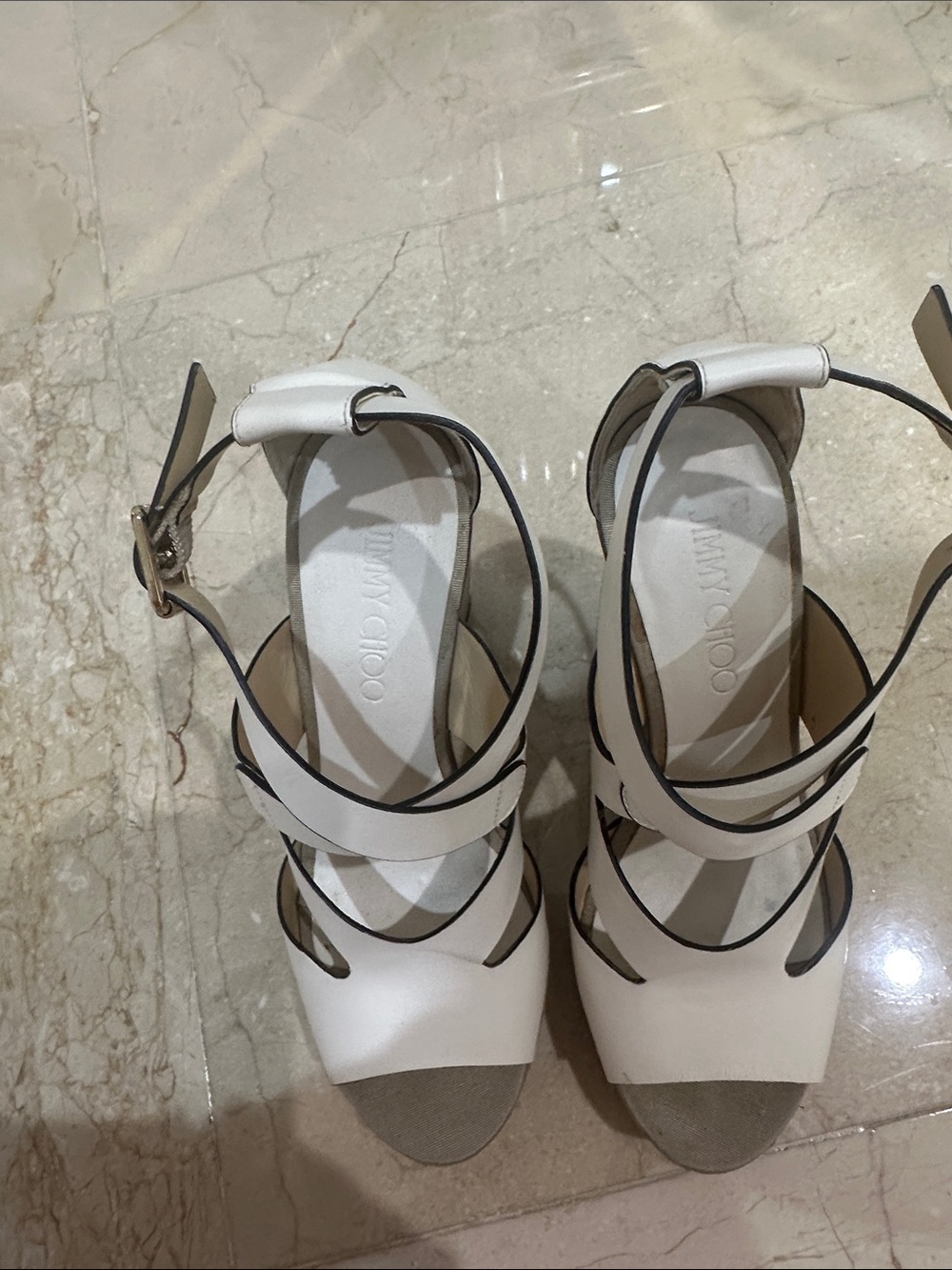 Jimmy Choo White Strappy High-Heel Sandals with Black Trim